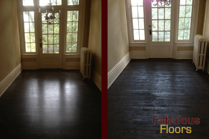 Before and after hardwood floor resurfacing in Pasadena, TX